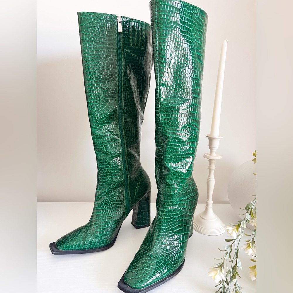 Green Crocodile-Embossed Knee-High Boots